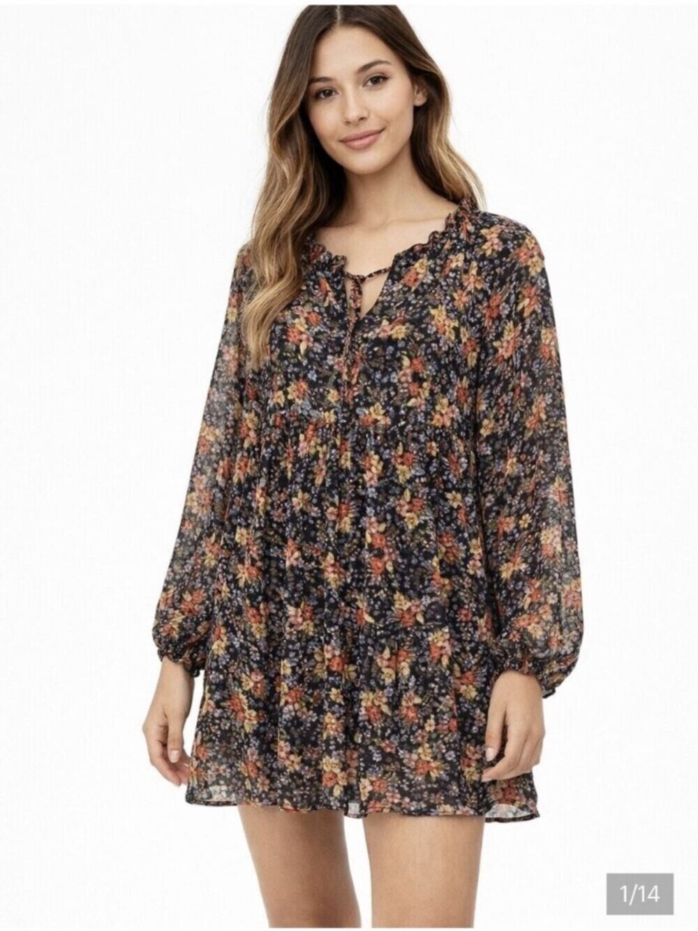 Loft Navy Floral Chiffon Long Sleeve Ruffle Mini Swing Dress Autumn Garden xl